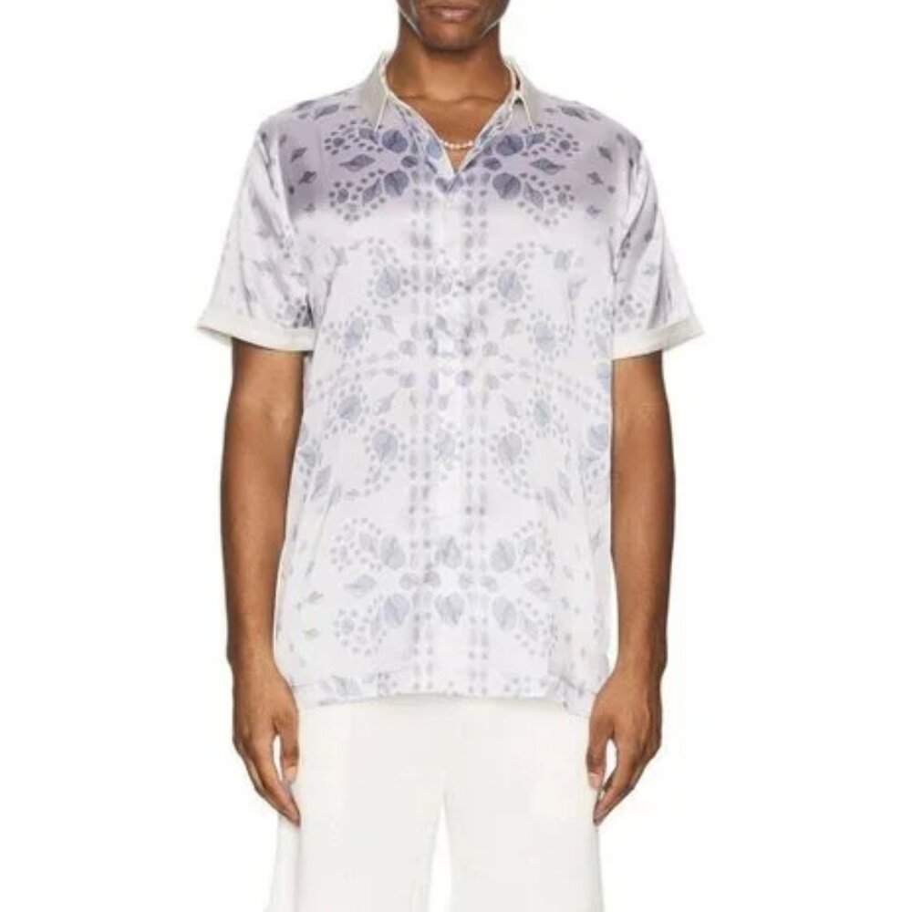 Ser.o.ya Mens Large Seashells Silk Button Down Shirt White Blue Short Sleeve